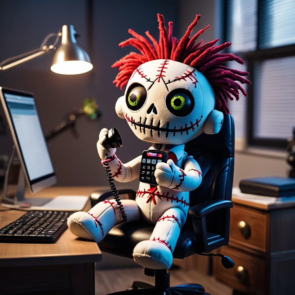 (knitted toy voodoo doll:1.0), sitting in a computer chair, (Voodoo talking on the phone:1.9), (iPhone phone:1.8), in business clothes, in the background a gloomy office, best quality, masterpiece, detailed soft oil painting, detailed background, dramatic cinematic lighting, soft edge lighting, professional, dramatic lighting, hard edge lighting, ultra quality, 4k, masterpiece, best quality, 8k, ultra high definition, high resolution, extremely detailed