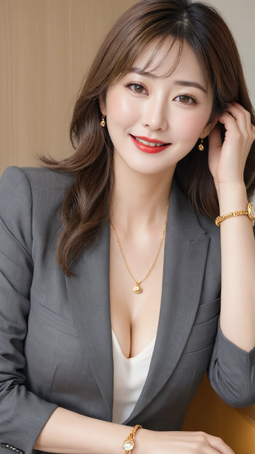 masterpiece,Highest quality,wonderful,(セクシーなMature Woman:1),(Mature Woman:1.3), (50-year-old woman.1.3)、(((very, very大きい)))、(((Big big boobs)))、(((Big big cleavage)))、Hyper Real、In the lounge of a luxury hotel、A dignified smile、White skin、Delicate and precise skin texture、Long fluffy brown hair、Japanese women、(Big Ass)、Thick thighs、Bright red lips、Gold earrings、Gold Bracelets、Gold Necklace、{Charcoal gray suit(White blouse)}、