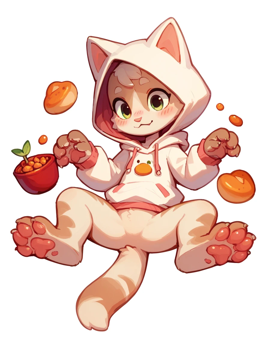 The Q version of the cute furry cat, spreading legs, showing paws, showing beans, blushed, beatiful feet, hoodie, paws, beans