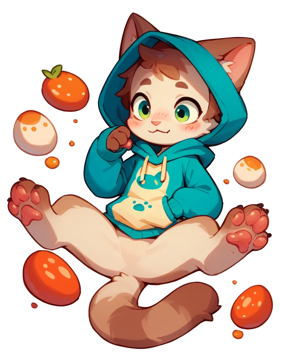 The Q version of the cute furry cat, spreading legs, showing paws, showing beans, blushed, beatiful feet, hoodie, paws, beans, white background 