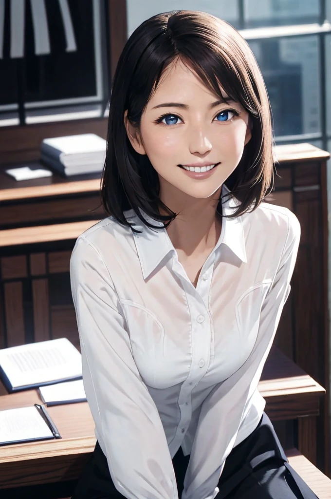 masterpiece, 最high quality, high quality, High resolution, high quality texture, high quality shadows, High resolution, Beautiful details, Detailed CG, Detailed Texture, Realistic representation of face, Realistic, colorful, delicate, Cinematic Light, Side light, Lens flare, Ray Tracing, sharp concentrated, (1 Girl,concentrated:1.3), ( Intricate details, compensate, PureErosFaceV1:0.5), (細部まで美しいdelicateな顔, 緻密で美しいdelicateな瞳, Perfect Facial Proportions, Dense skin, Optimal ratio of four fingers to one thumb, Arms under chest, From below,medium breasts, Wide Hips, Smooth upper abdomen, Tilt,middle hair ,wavy hair , withe blush , tight fitting black skirt ,30 years old,Blue Eyes,Study,Glasses, white blouse ,Tight Skirt,black stockings, garter belt,high heels,desk, sit cross-legged ,secretary ,adultery,house wife, smile, temptation