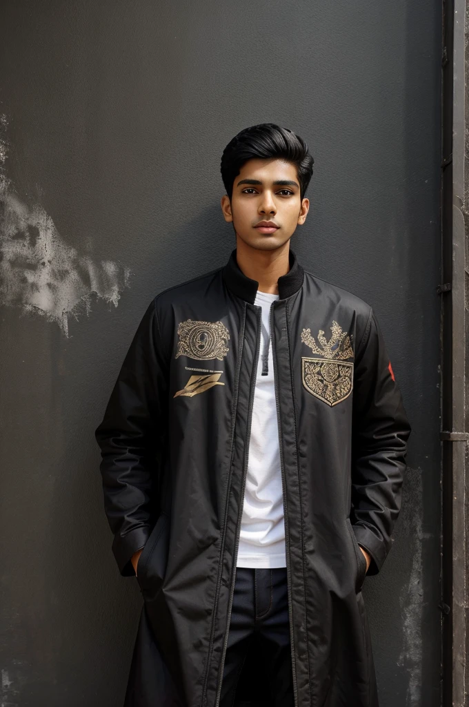 Genrate a image of black simple coat and print a name saransh  and up  with a wall background and wall was dirty not so good it,s have a bad paint