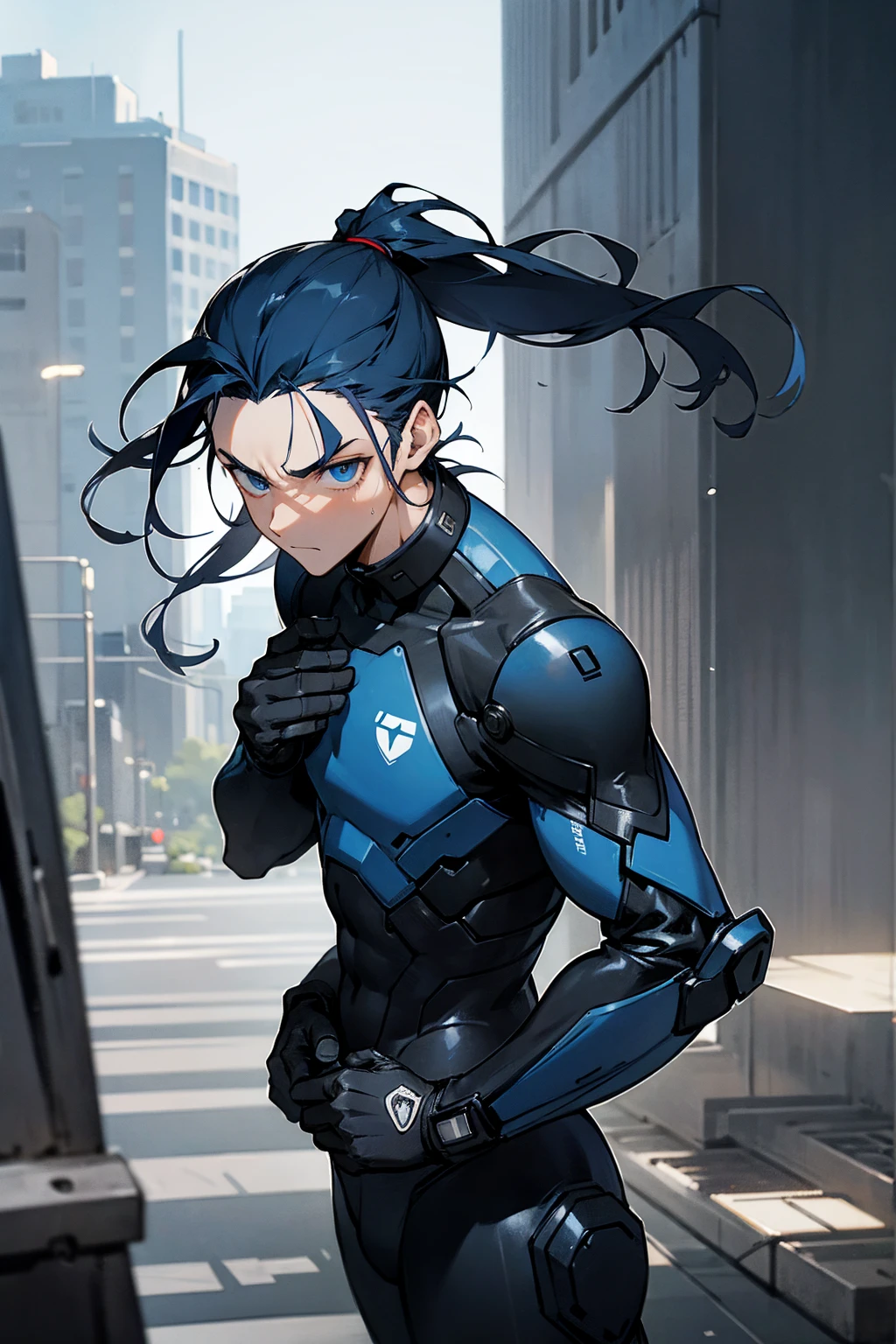 1male, man, dark blue hair, short man ponytail, scruffed hair, deep blue eyes, expressionless, black and white combat suit, city background, detailed background, hands to side, standing on path