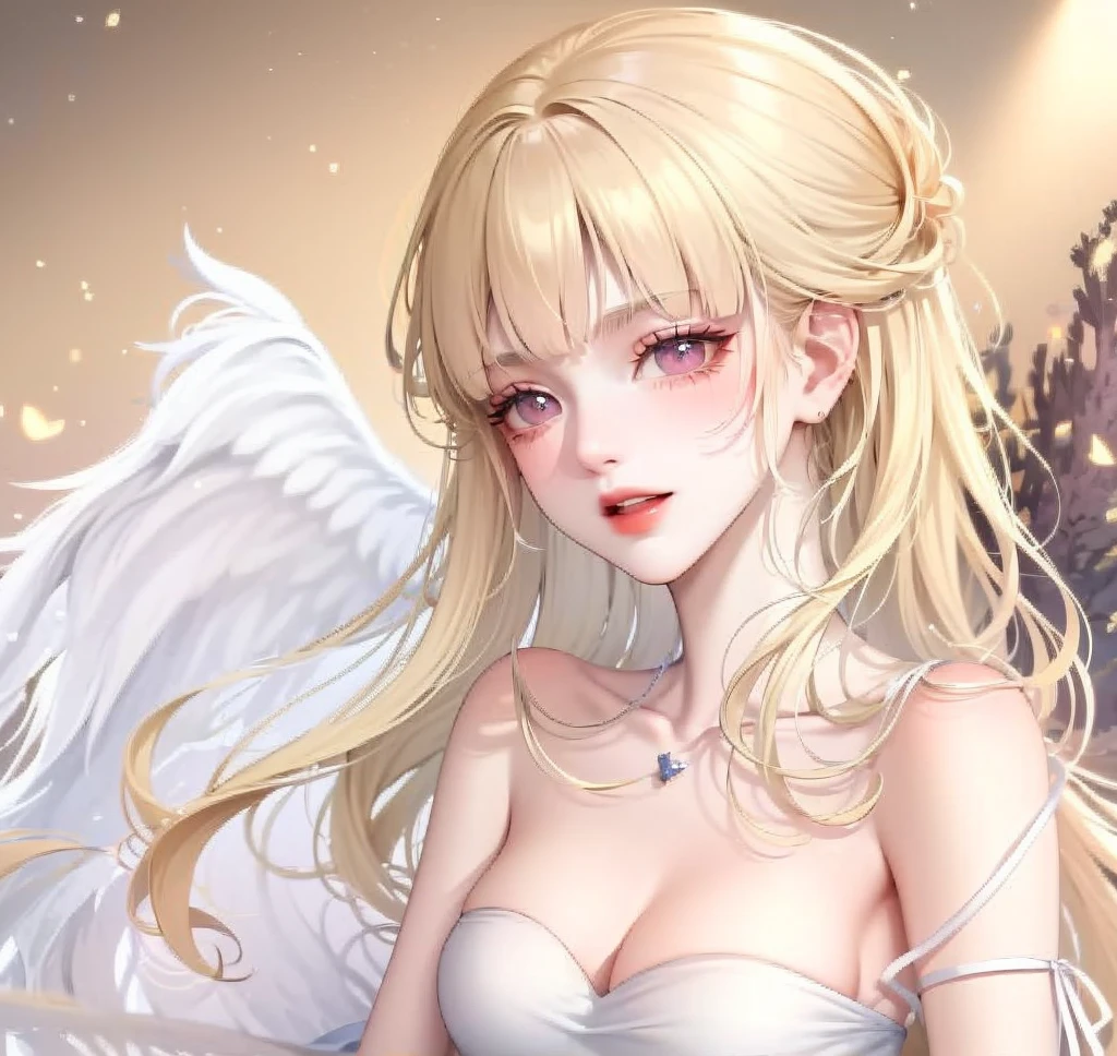 (High quality) (best quality) (A woman) (correct physiognomy) woman, long blonde hair with bangs on her forehead, four small angel wings emerge from her head, two on the left side and two on the right side, two wings of angel emerging from her back, a golden halo behind her head, golden eyes, sensitive lips, feminine appearance, soft facial features, thin eyebrows, soft skin, slightly blushed cheeks, pink lips, silky eyelashes, dreamy expression, middle age , white dress with straps on the shoulders, skirt cut diagonally leaving one leg exposed, location of the photo the woman must be in the middle of the forest, photo illuminated by sunlight, full body proportion, showing in the photo the body from head to torso
