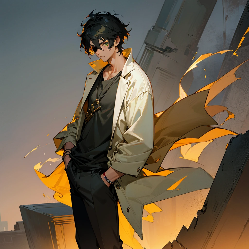 1male, adult, tan skin, finely detailed emerald eyes, straight medium hair, black hair color, casual clothing, jacket, eye patch, standing on ruined building, night time, serious expression