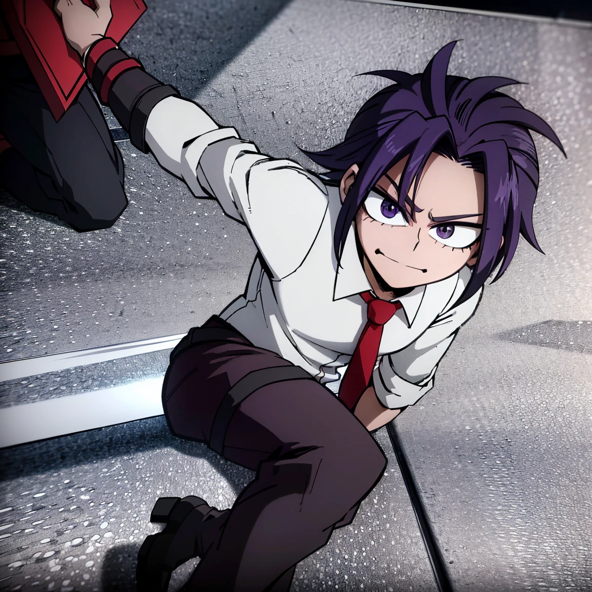 1boy, male focus, boku no hero academia, masterpiece, best quality, very aesthetic, absurdres, messy hair, purple hair, lavender eyes, smirk, gray jacket, red tie, white shirt, teal pants, boots 