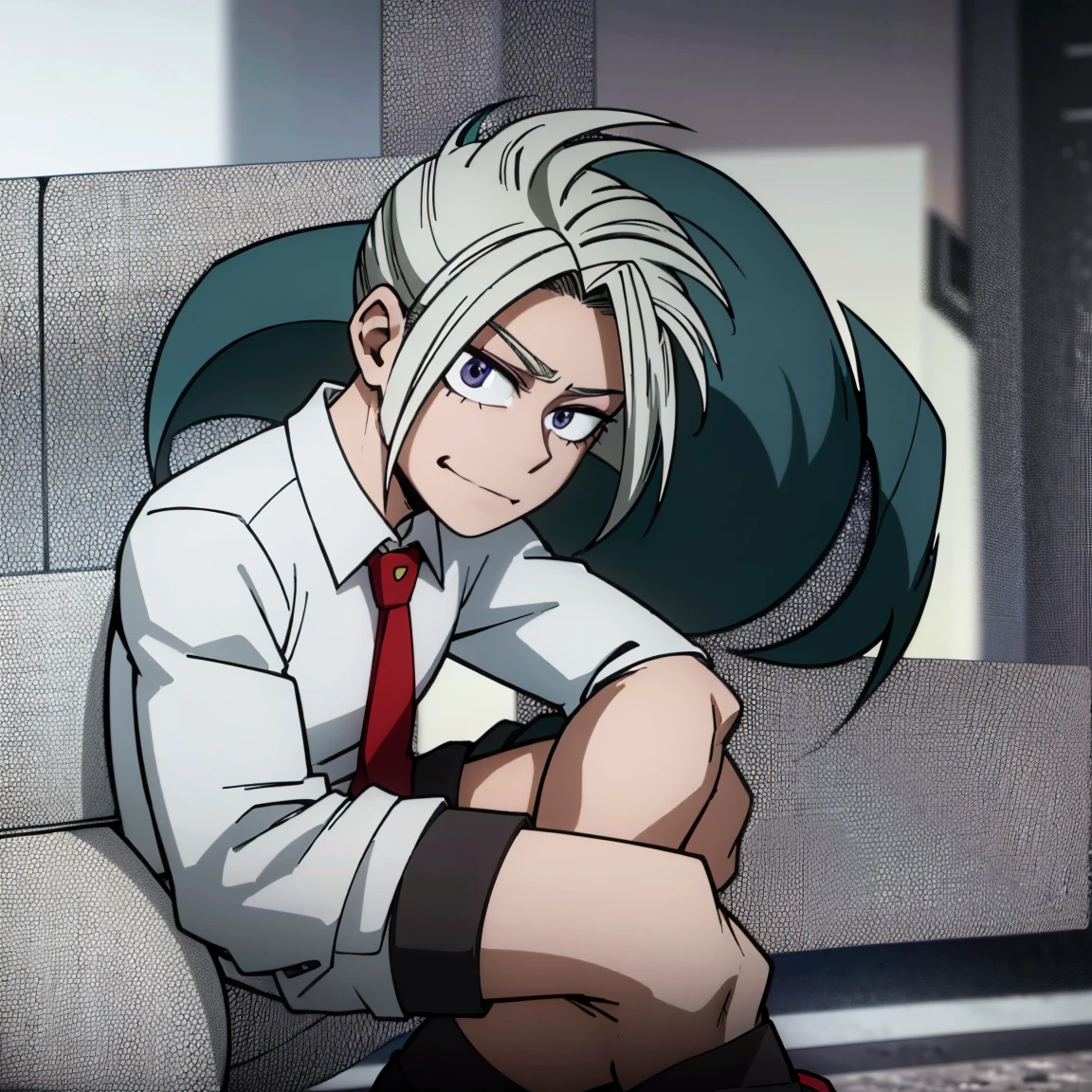 1boy, male focus, boku no hero academia, masterpiece, best quality, very aesthetic, absurdres, messy hair, purple hair, lavender eyes, smirk, gray jacket, red tie, white shirt, teal pants, boots