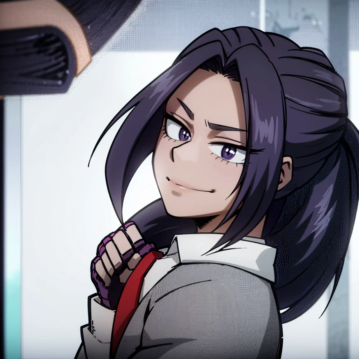 1boy, male focus, boku no hero academia, masterpiece, best quality, very aesthetic, absurdres, messy hair, purple hair, lavender eyes, smirk, gray jacket, red tie, white shirt, teal pants, boots 