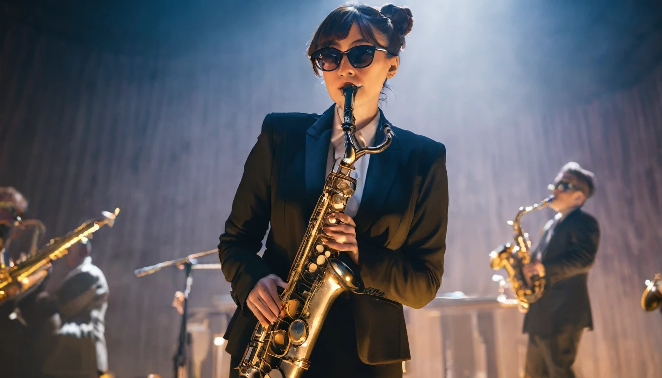 sharp focus, best quality, masterpiece, high contrast, shallow depth of field, 1 woman, short hair bun, sunglasses, suit jacket, pleated skirt, necktie, saxophone, playing a saxophone, wooden stage background, foggy, volumetric lighting, best quality, masterpiece,