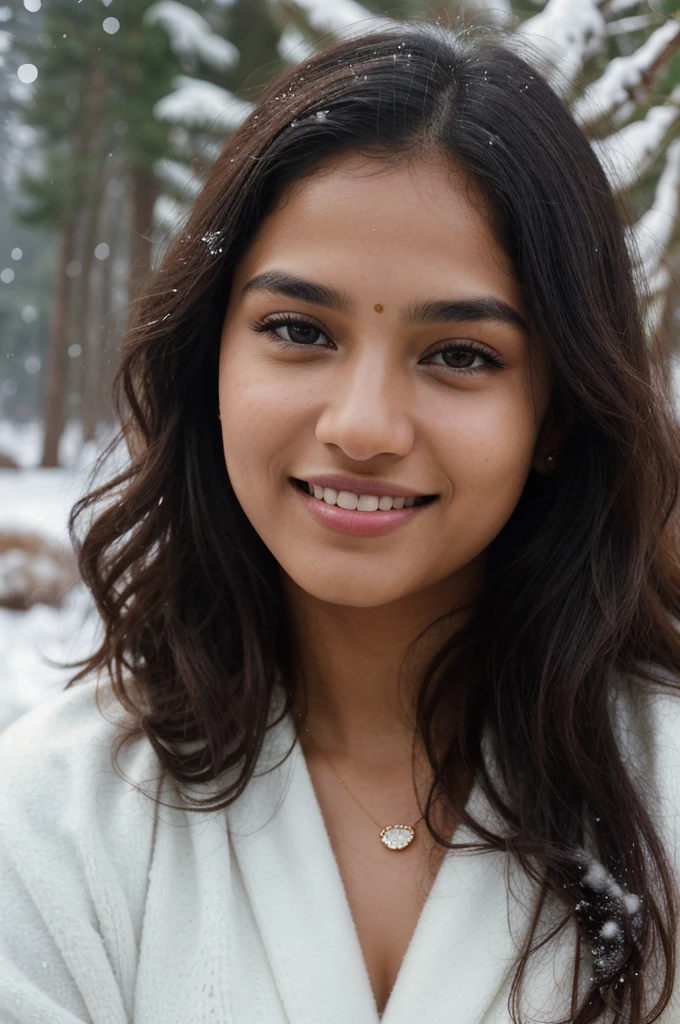 Young Malagasy woman with Indian features, shy and charming, long black hair, slightly curly, beautiful eyes and eyebrows, 22 years old, oval and natural and innocent face, slightly curly hair, average height body with immense curve, extremely beautiful and perfectly fitted, very beautiful body of 1.85m, student, relaxed photos, A masterpiece, the highest resolution, quality, detail, very focused, professional image, ultra Realistic, photorealism, photography, 8K UHD, photography. His smile radiates warmth and his eyes sparkle with joy. The snow falls gently around it, creating a magical and serene atmosphere.
The image should be captured in high quality, high resolution, with extremely detailed background. The woman's skin should have pores and imperfections, which adds to the realism and authenticity of the photo.
The lighting should be soft and flattering, highlighting the beauty of the woman and the snowy landscape.
The photo should have a cinematic feel, with a sense of depth, dimension and composition.
The general mood of the photo should evoke tranquility, serenity and beauty.