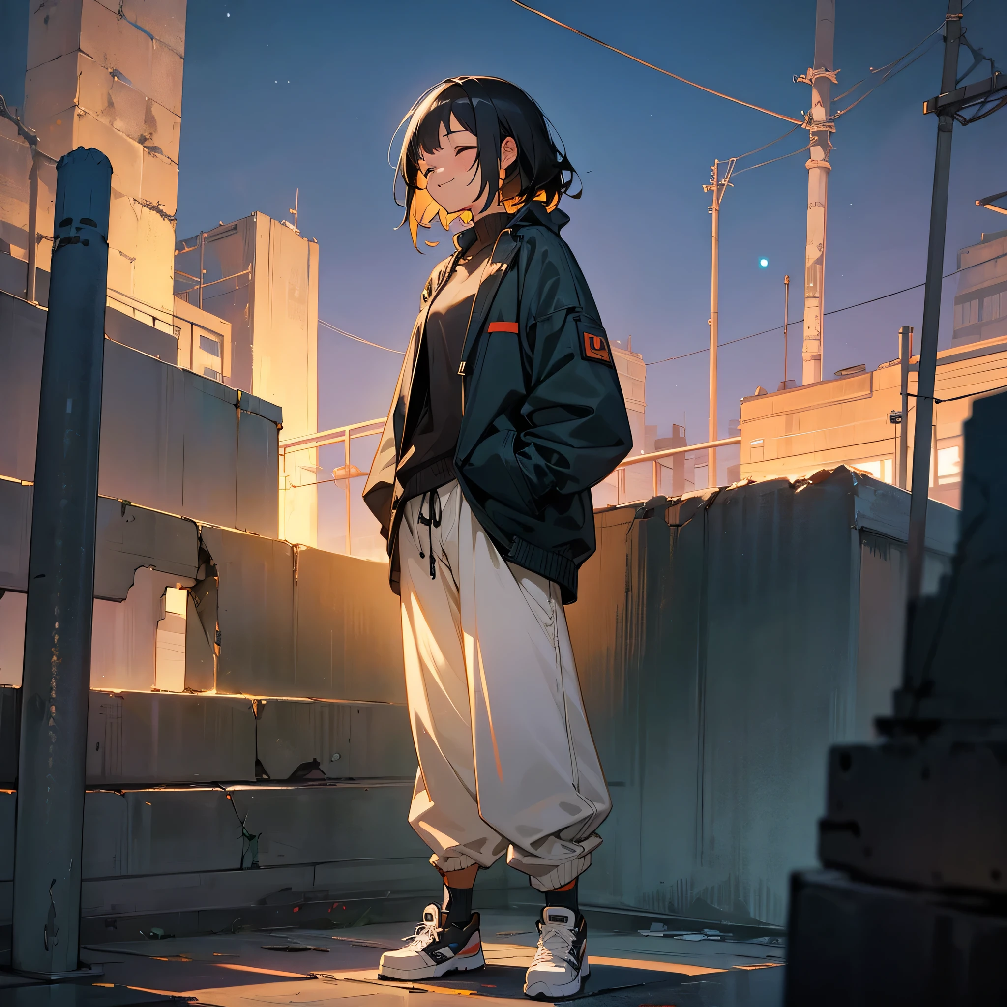 1female, young adult, tan skin, closed eyes, straight medium hair, black hair, baggy pants, casual clothing, jacket, standing on ruined building, night time, happy expression