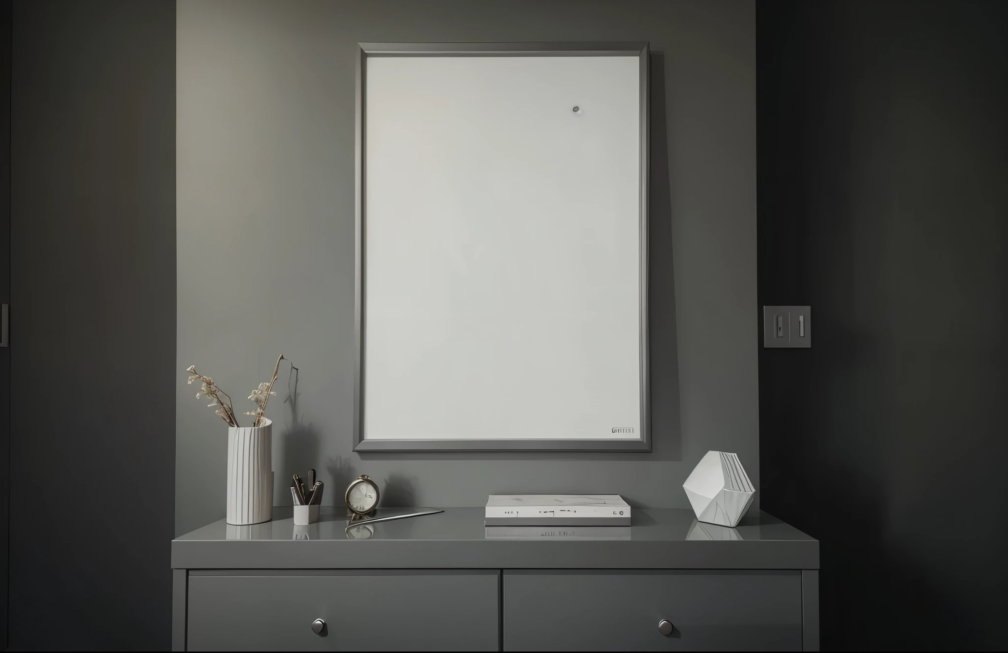 Grey gallery room interior with drawer and decoration, mockup frame