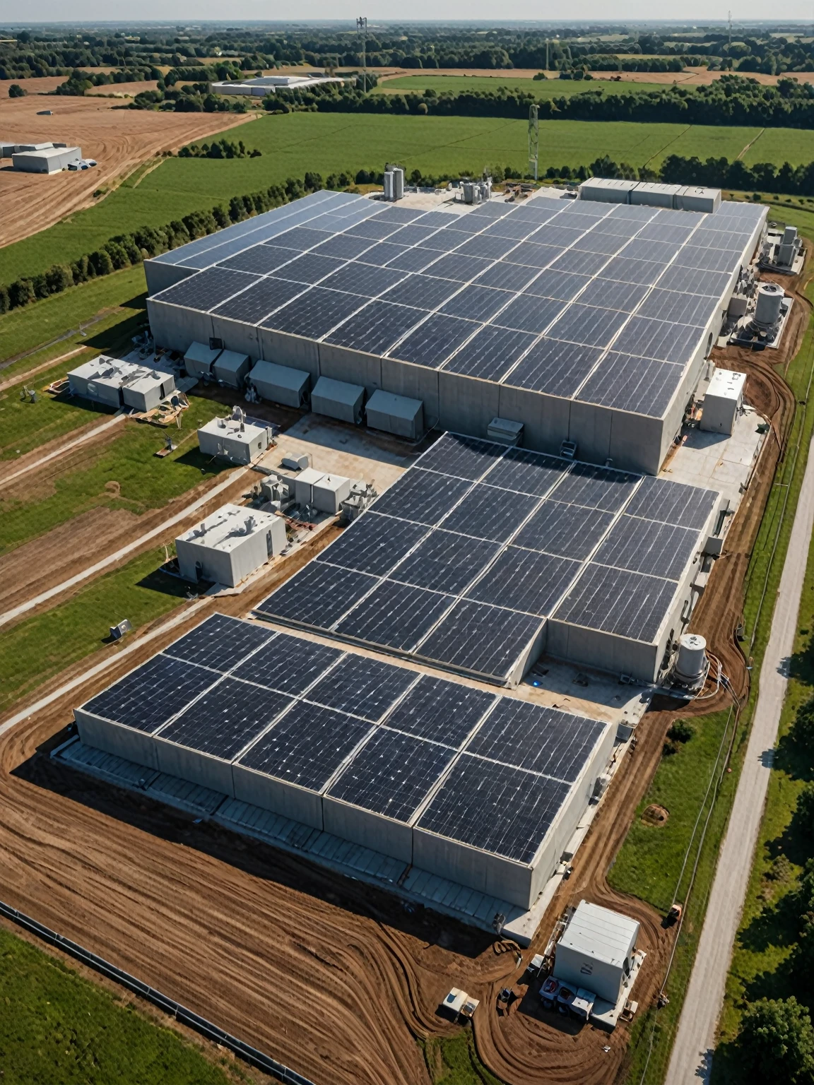 concrete plant,solar panels,sustainability,cinematic angle,detailed,commercial look,arri