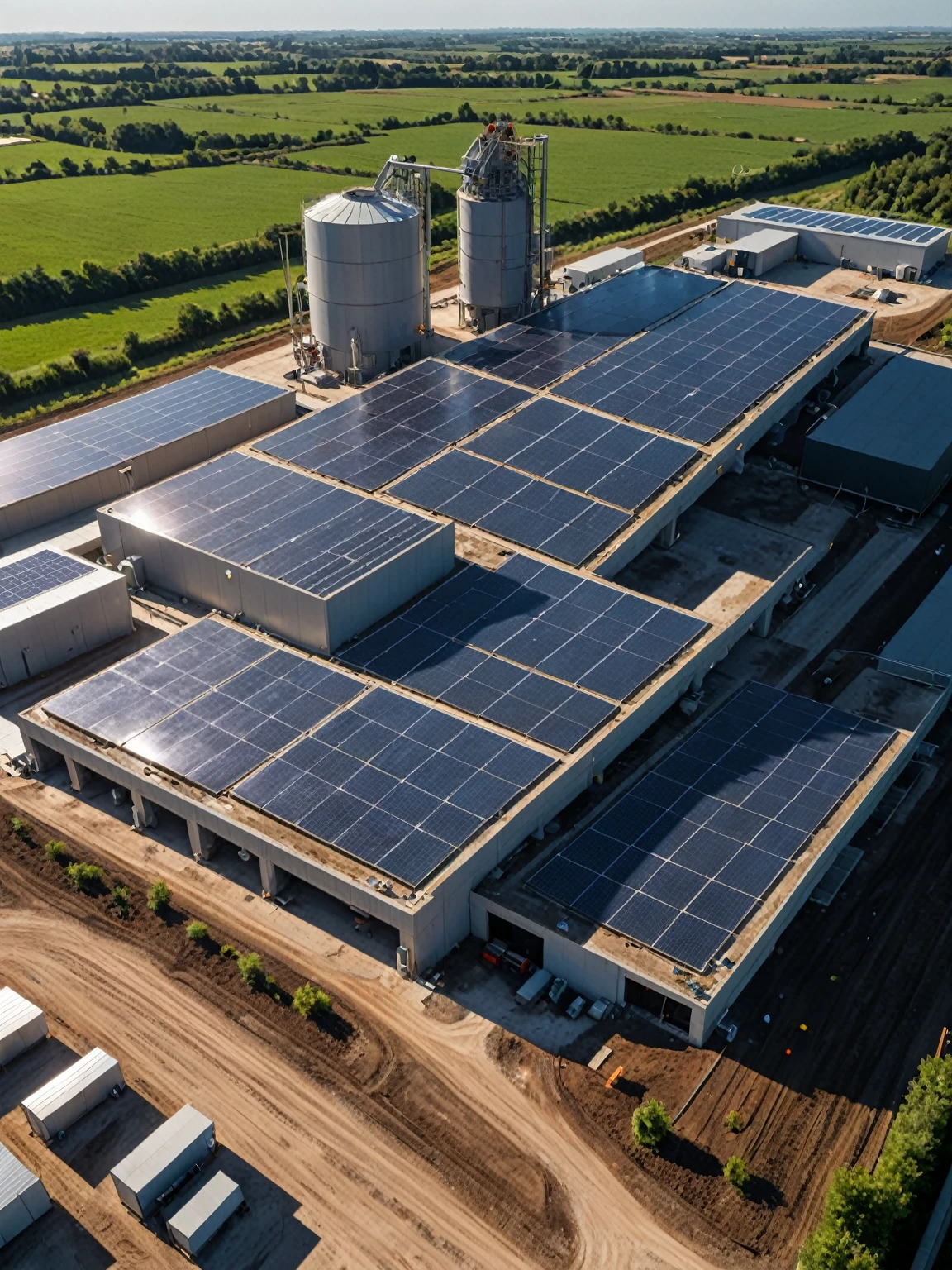 concrete plant,solar panels,sustainability,cinematic angle,detailed,commercial look,arri