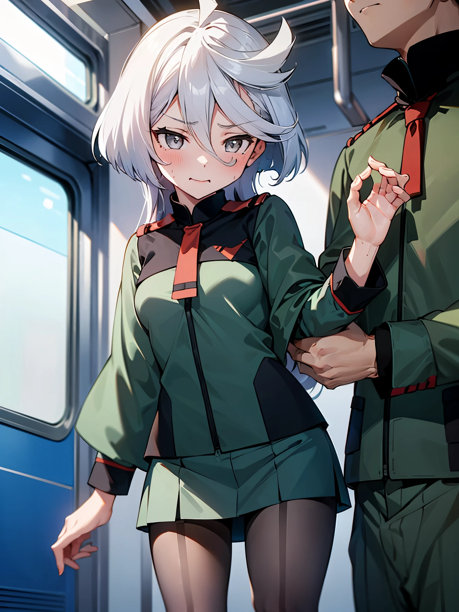 NSFW,(One girl:1.5),miorine1、miorine rembran、Asticasia uniform、solo、Long Hair、Grey Eyes、Grey Hair、Ahoge、Seamed legwear、green micro mini skirt、tie、bangs、Hair between the eyes、Black Pantyhose、Long sleeve、Green jacket、Floating Hair、赤いtie,(Perfect hands),(Perfect Anatomy),(masterpiece),(Highest quality),Embarrassed,blush,(train:1.5),(Being molested:1.5),(Sexual pleasure:1.5),Have patience,Are standing