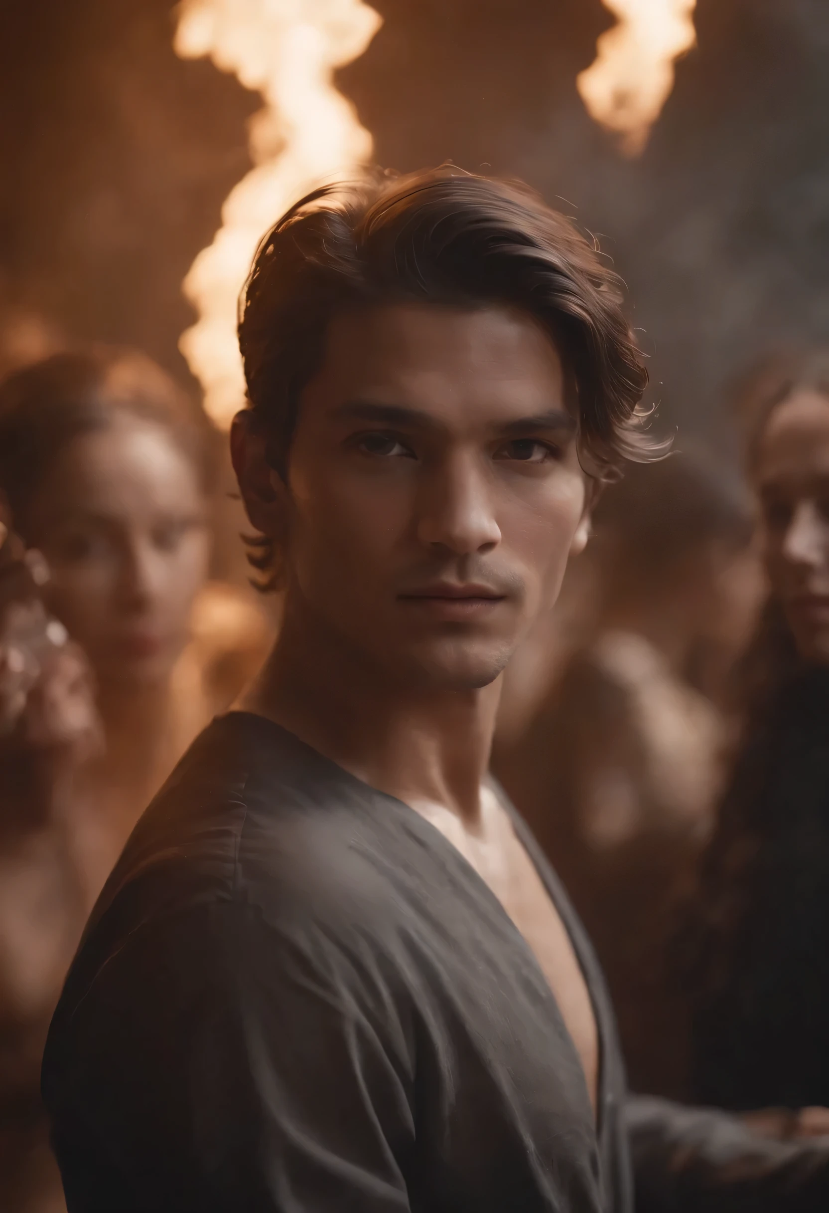 ethereal photo of elegant man, Brazilian nationality, tanned skin, women in the background, Atoms hovering in the air, emerging from swirls of smoke and red and black vapors, Peter Lindbergh style, masterpiece of complex art, foreboding, golden ratio, Trend in CGSeteration, intricate, epic, trending on artgerm's ArtStation, highly detailed and vibrant production cinematic character rendering, very high quality model