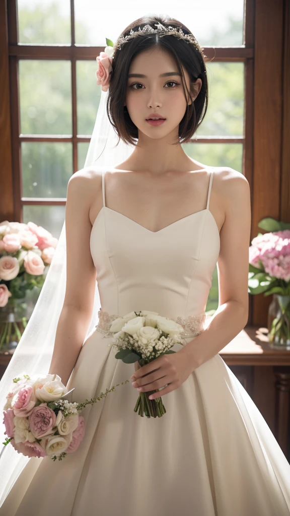 masterpiece:1.2, best quality), realistic, (real picture, intricate details, depth of field), (1girl, solo), make up, parted lips, highly-detailed, perfect face, (skindentation), thick thighs, wide hips, small waist, tall, glossy coral lips,, (A girl in a wedding dress with flowers in hands )), sexy, blushing, Mikasa from AOT