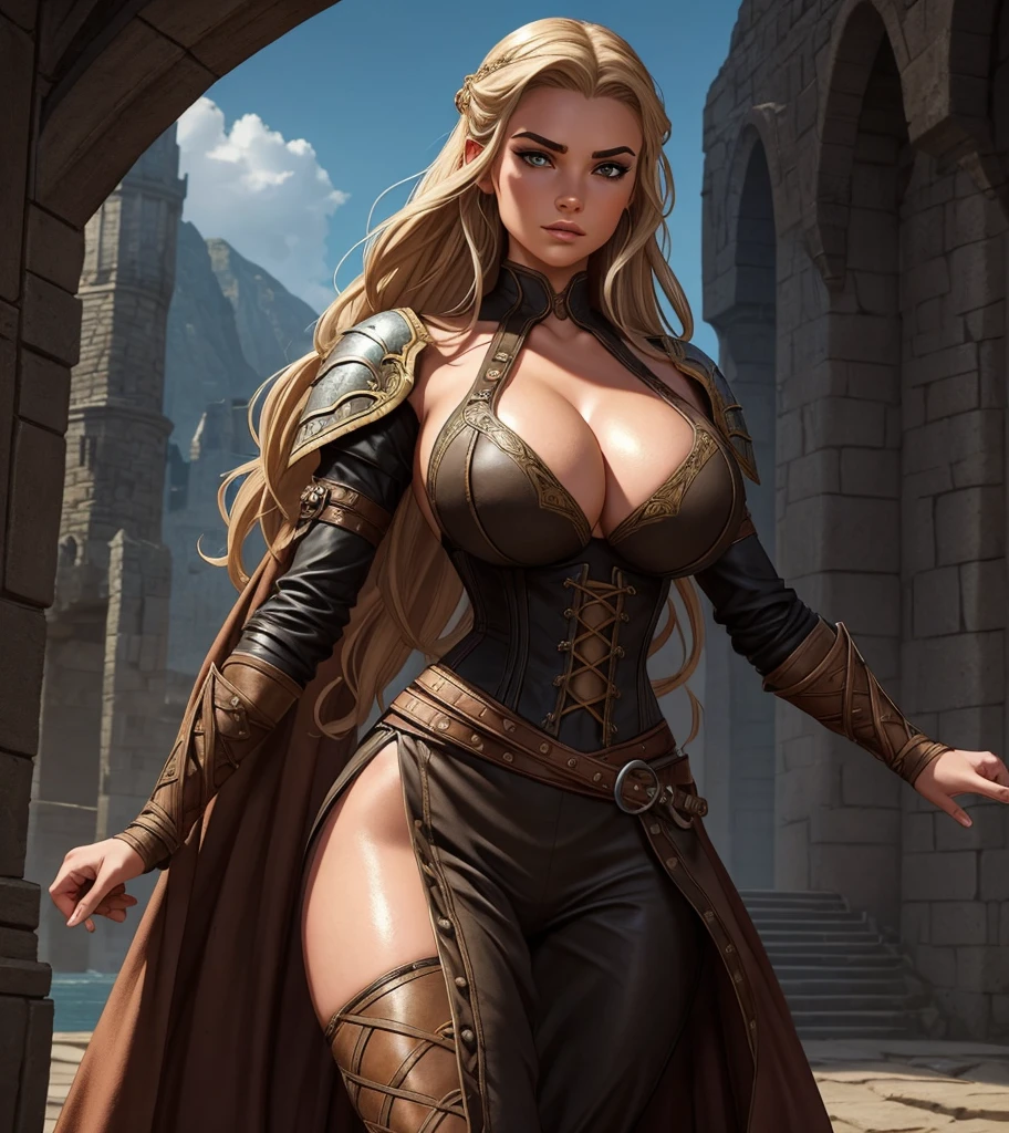 (((Solo character image.))) (((Generate a single character image.))) (((Dressed in medieval fantasy attire.))) Create a captivating and enigmatic female warrior reminiscent of glamor models Anastasia Kvitko and Louisa Khovanski. This character is renowned for her remarkable 112-63-118 figure. She exudes an air of elegance and mystery. The art style should draw inspiration from J Scott Campbell's work. (((She has a seductive stare.)))
Imagine a thrilling female adventurer in a high-fantasy setting, akin to a swashbuckler. We need a single character portrait with intricate details, wearing fantasy attire. She should be adorned in leather armor and a tight corset, exuding a shadowy and athletic demeanor.
Her body is agile and toned, like that of a gymnast, and she strikes an action pose. She is clad in medieval clothing, and her arched eyebrows give her a sassy and attractive appearance. Her face is strikingly gorgeous, with a sneaky and sly expression in her evil glare.
Her hair is both very sexy and alluring, cascading in intricate waves. She possesses firm breasts and an air of arrogance. Her body is beautifully detailed and realistic.
The artwork should be hyper-detailed and worthy of trending on platforms like ArtStation. This is a character portrait designed for use in Dungeons & Dragons, Pathfinder, Skyrim, Lord of the Rings, Game of Thrones, or similar high-fantasy settings. Please ensure the image is centered and presented in ultra HD quality, possibly 8k resolution, with an epic masterpiece level of detail.