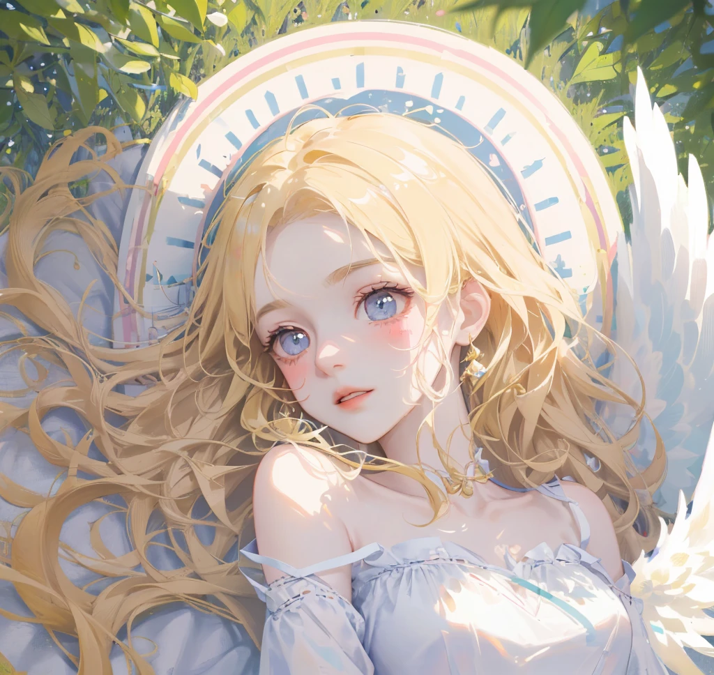 (High quality) (best quality) (A woman) (correct physiognomy) woman, long blonde hair with bangs on her forehead, four small angel wings emerge from her head, two on the left side and two on the right side, two wings of angel emerging from her back, a golden halo behind her head, golden eyes, sensitive lips, feminine appearance, soft facial features, thin eyebrows, soft skin, slightly blushed cheeks, pink lips, silky eyelashes, dreamy expression, middle age , white dress with straps on the shoulders, skirt cut diagonally leaving one leg exposed, location of the photo the woman must be in the middle of the forest, photo illuminated by sunlight, full body proportion, showing in the photo the body from head to torso
