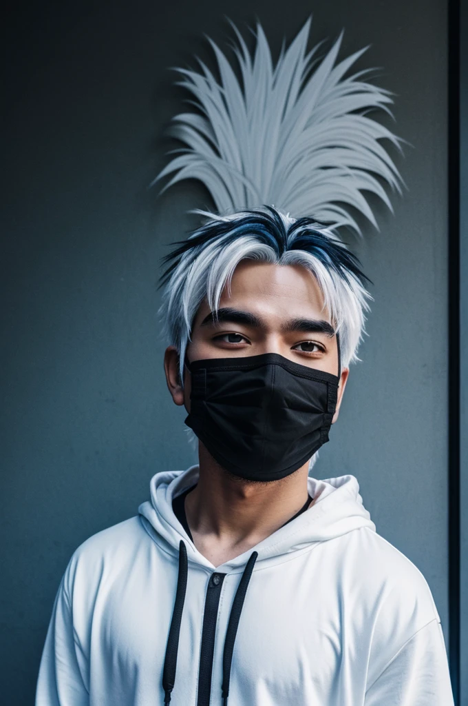 Anime white haired anime guy wearing black hoodie with a black face mask and blue aura