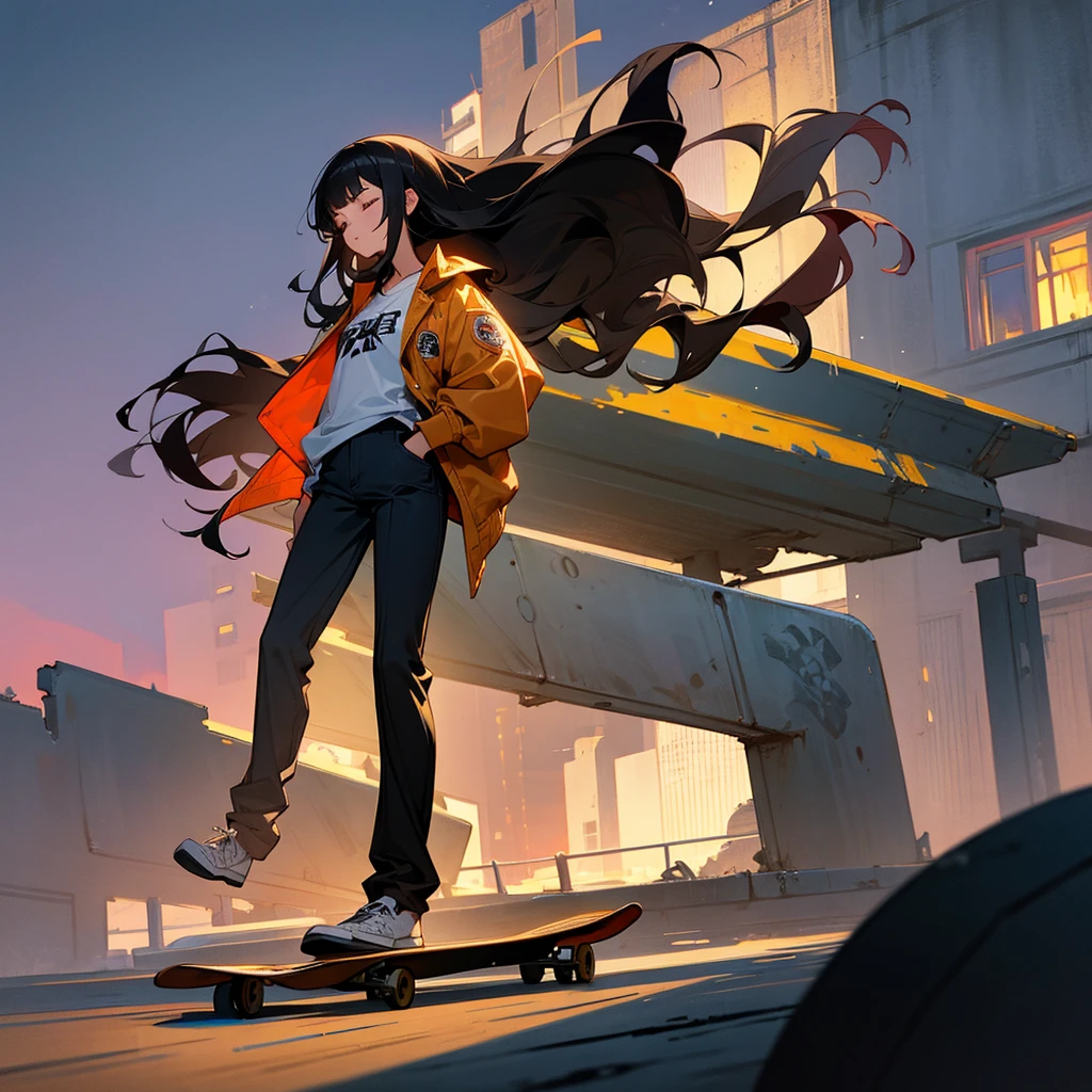 1female, young adult, tan skin, closed eyes, wavy long hair, black hair, baggy pants, casual clothing, jacket, standing on ruined building, night time, serious expression, skateboard