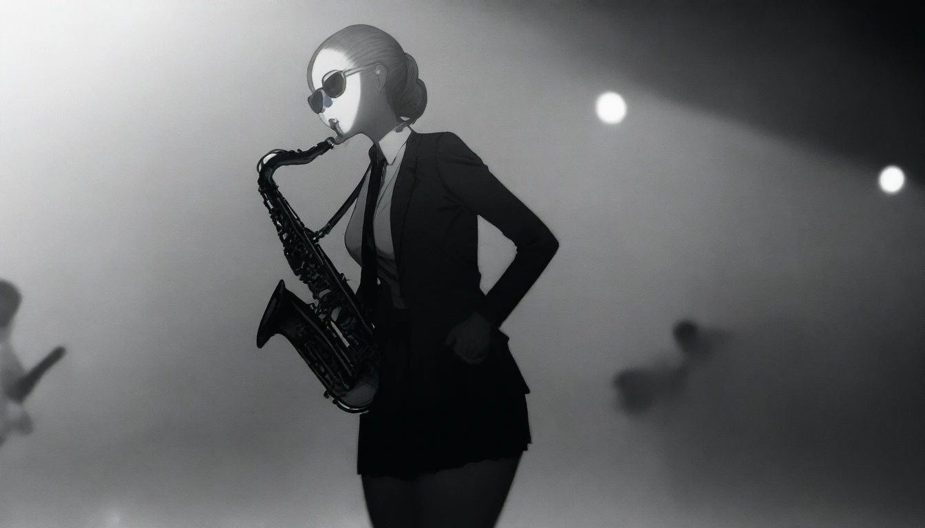 sharp focus, best quality, masterpiece, high contrast, shallow depth of field, 1 woman, short hair bun, sunglasses, suit jacket, pleated skirt, necktie, saxophone, playing a saxophone, wooden stage background, foggy, volumetric lighting, best quality, masterpiece,