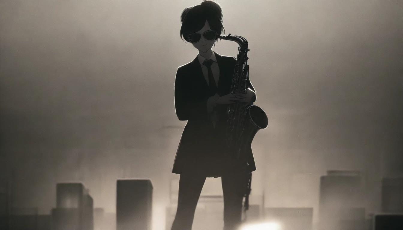 sharp focus, best quality, masterpiece, high contrast, shallow depth of field, 1 woman, short hair bun, sunglasses, suit jacket, pleated skirt, necktie, saxophone, playing a saxophone, wooden stage background, foggy, volumetric lighting, best quality, masterpiece, 