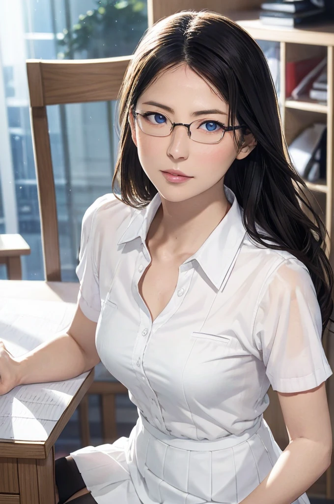 masterpiece, 最high quality, high quality, High resolution, high quality texture, high quality shadows, High resolution, Beautiful details, Detailed CG, Detailed Texture, Realistic representation of face, Realistic, colorful, delicate, Cinematic Light, Side light, Lens flare, Ray Tracing, sharp concentrated, (1 Girl,concentrated:1.3), ( Intricate details, compensate, PureErosFaceV1:0.5), (細部まで美しいdelicateな顔, 緻密で美しいdelicateな瞳, Perfect Facial Proportions, Dense skin, Optimal ratio of four fingers to one thumb, Arms under chest, From below,medium breasts, Wide Hips, Smooth upper abdomen, Tilt,middle hair ,wavy hair , withe blush , tight fitting black skirt ,30 years old,Blue Eyes,Study,Glasses, white blouse ,Tight Skirt,black stockings, garter belt,high heels,desk, sit cross-legged ,secretary ,adultery,house wife, temptation