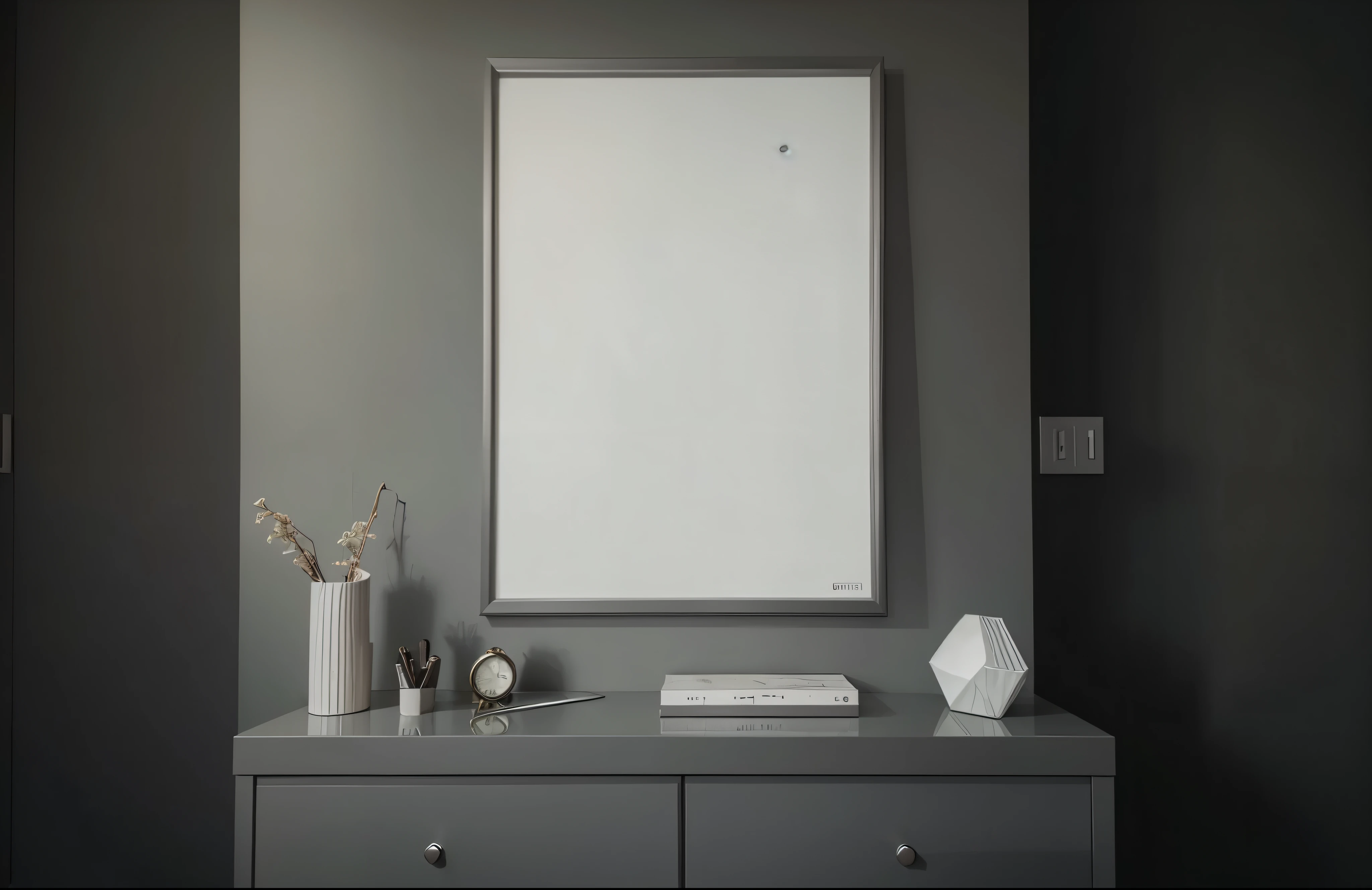Grey gallery room interior with drawer and decoration, mockup frame