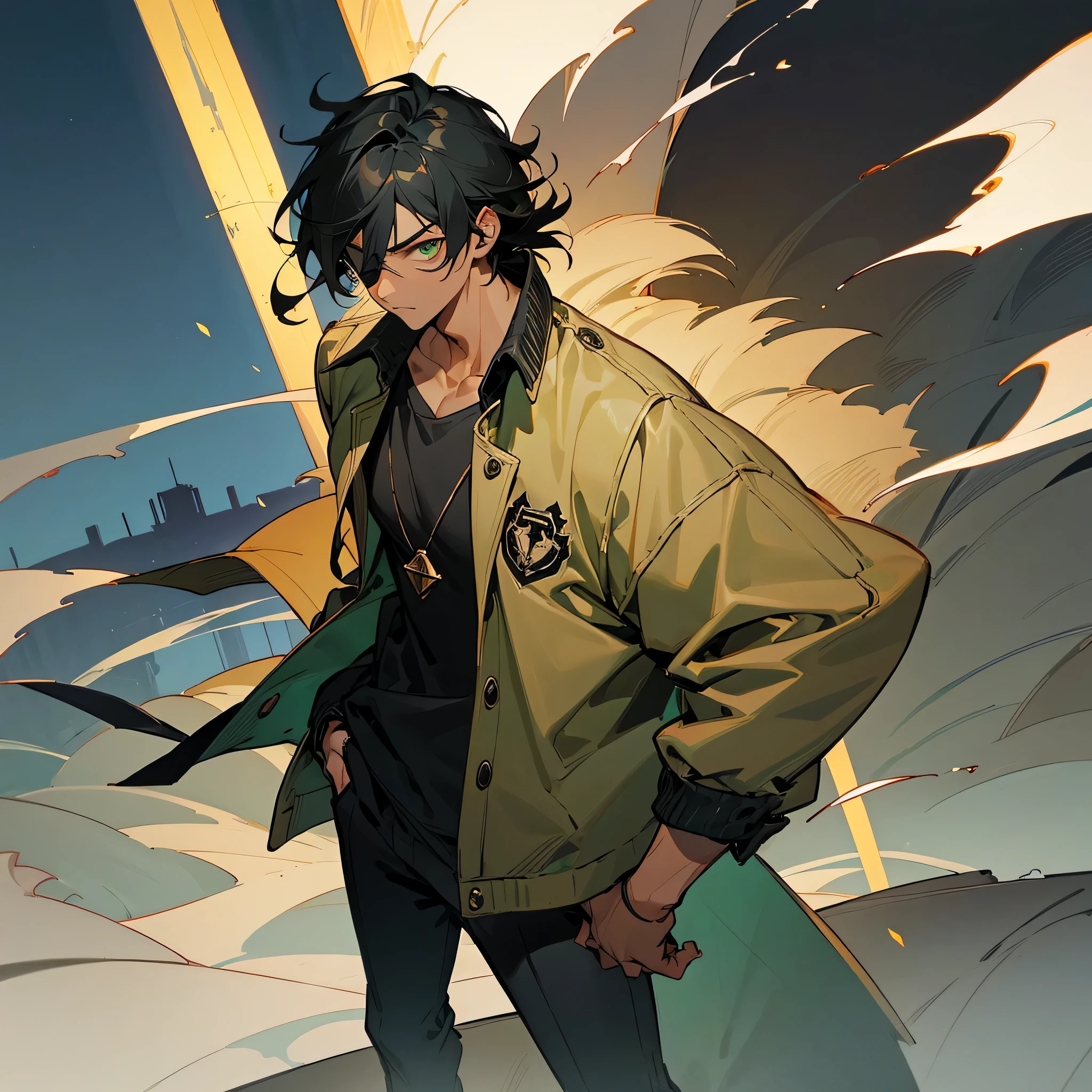 1male, adult, tan skin, finely detailed emerald eyes, straight medium hair, black hair color, casual clothing, jacket, eye patch, standing on ruined building, night time, serious expression