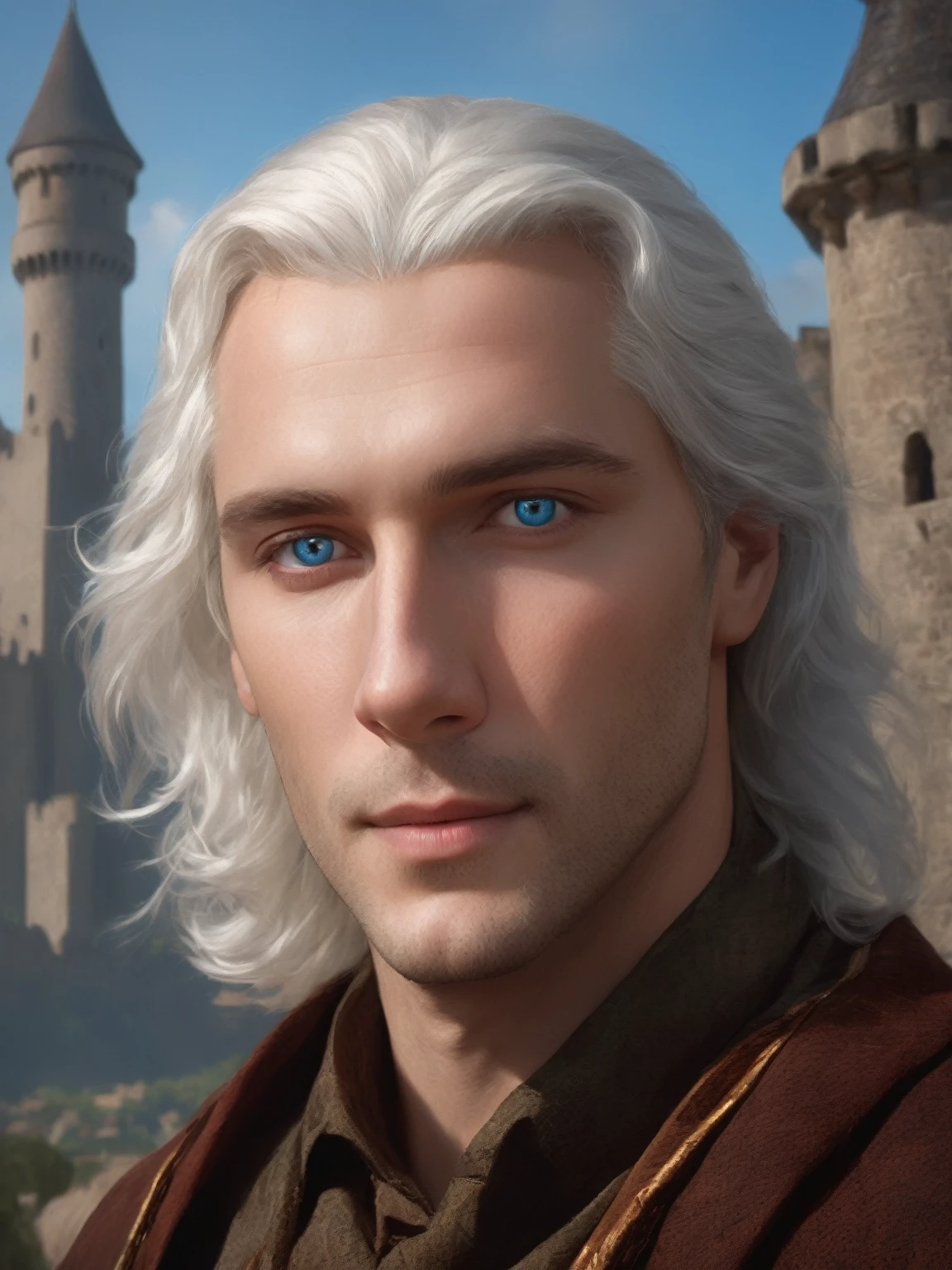 ((best quality),(masterpiece),(detailed),perfect face,a man with white hair and blue eyes, castle behind,beautiful,(cinematic),(dramatic lighting),(digital painting),(photorealistic),(ultra-realistic),(hyper detailed),(epic),(fantasy),(cinematic composition),(heroic pose),(dramatic), (perfect eyes)