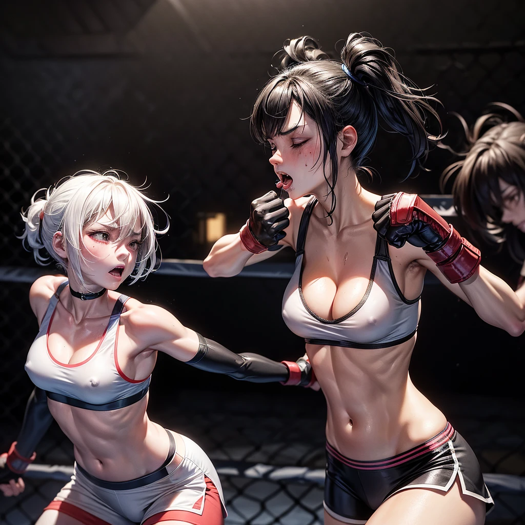 They are covered in blood. Small breasts. Intense violence. The opponent's fists are digging into her body. They are glaring at each other. The opponent's face is contorted by her punch. Dynamic action. She is suffering. She is cornered in a wire net and severely beaten by her opponent. She is wearing a sports bra and high-leg panties. Her opponent tries to kill her with a powerful punch. The two are exhausted. Two young and beautiful Japanese mixed martial artists are fighting in the octagon. They are pounding their fists into their opponents' bodies.  They are open-mouthed, drooling, one eye closed, gasping for breath. They are sweating profusely. Short-cut black hair. Open-fingered gloves. Erect nipples. 