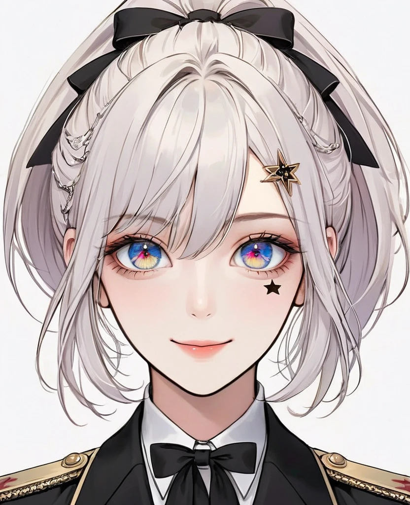 (Digital Illustration,Detailed anime style girl portrait,Solitary,symmetry),(Big colorful eyes,Fashionable and exquisite facial features,Exquisite makeup,Sweet smile,Star symbol mark on cheek,Soulful gaze,),(Colorful high ponytail,Beautiful bow hair accessories,Hairpin),(White high collar lace shirt,Black suit,Epaulettes-Chain,cool,),Clean and simple white background,(((Correct human anatomy)))
