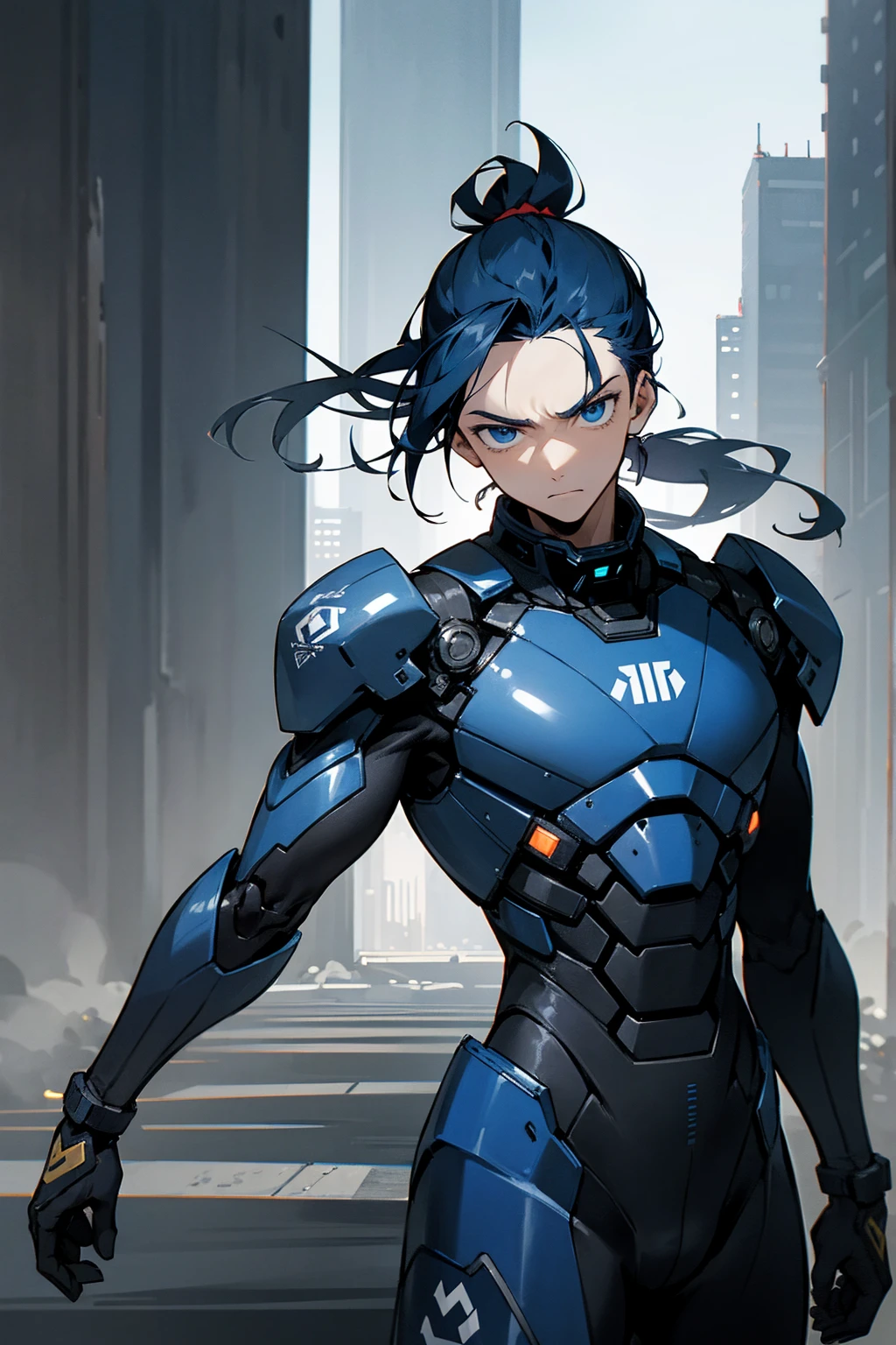1male, man, dark blue hair, short man ponytail, scruffed hair, deep blue eyes, expressionless, black and white combat suit, city background, detailed background, hands to side, standing on path
