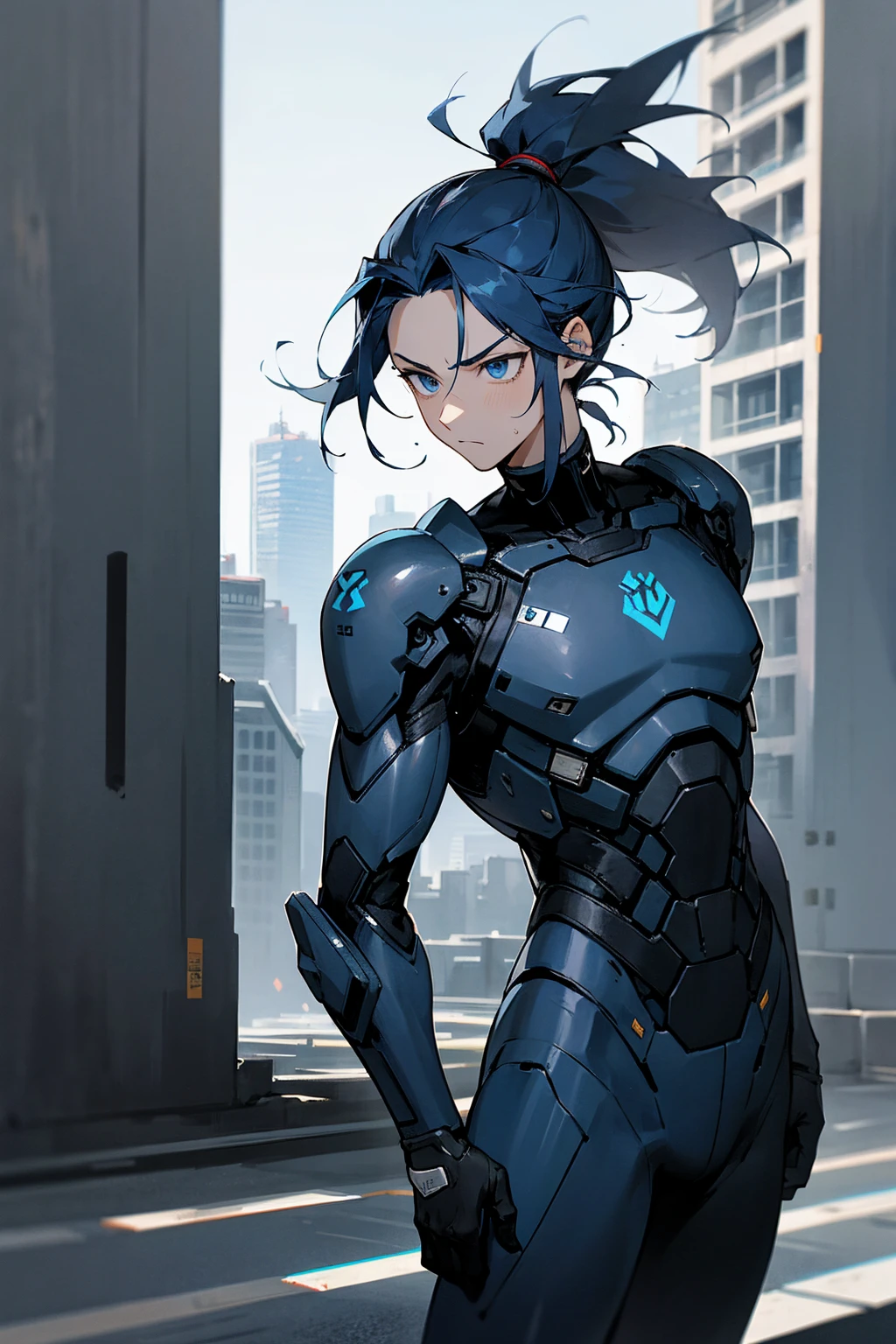 1male, man, dark blue hair, short man ponytail, scruffed hair, deep blue eyes, expressionless, black and white combat suit, city background, detailed background, hands to side, standing on path