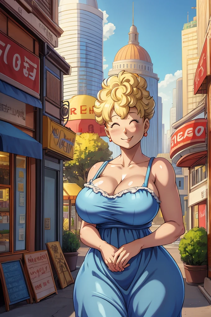 masutepiece, Best Quality, panchy, short blue sundress, Cowboy Shot, Happy, Closed eyes, Smile, Large breasts, Shiny skin, Realistic, Looking at Viewer, city