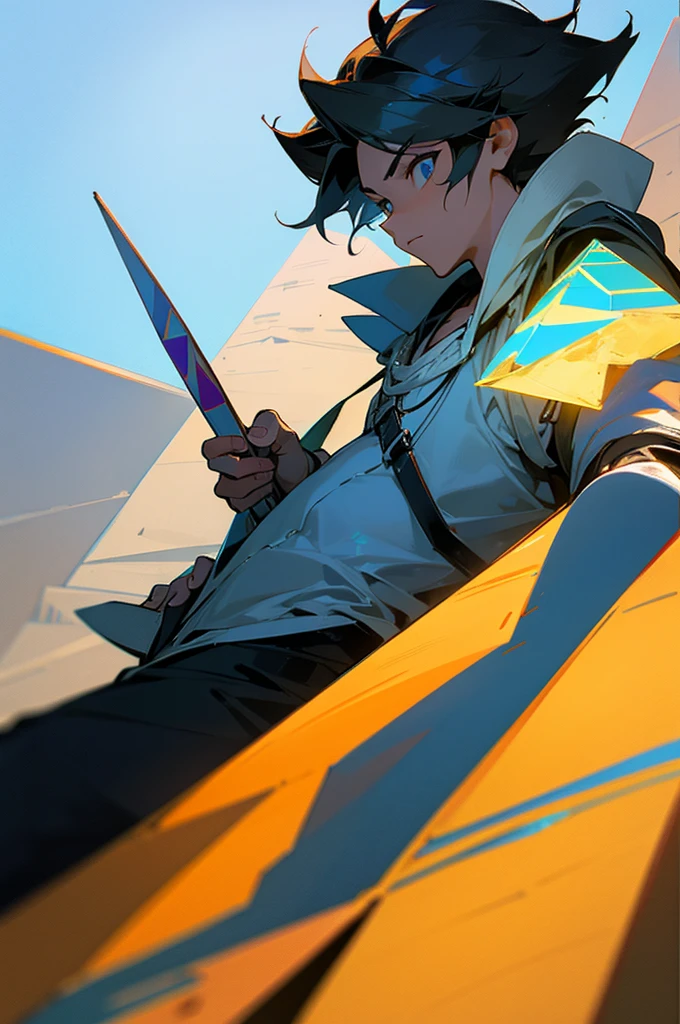 The 3/4 angle male character is taking a selfie holding out his right hand at a horizontal angle, holding the pyramid in the back