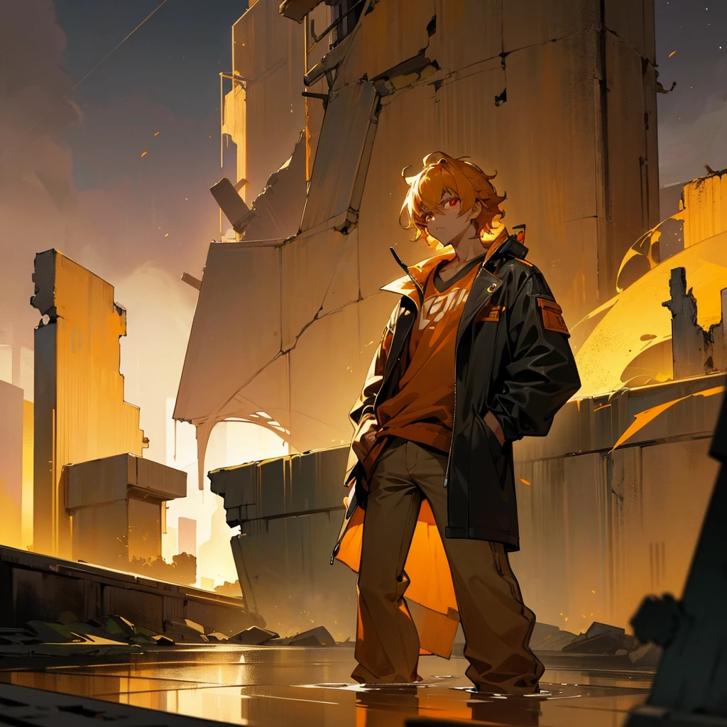1male, adult, tan skin, finely detailed red eyes, wild medium hair, yellow hair color, casual clothing, jacket, arm band, standing on ruined building, night time, serious expression