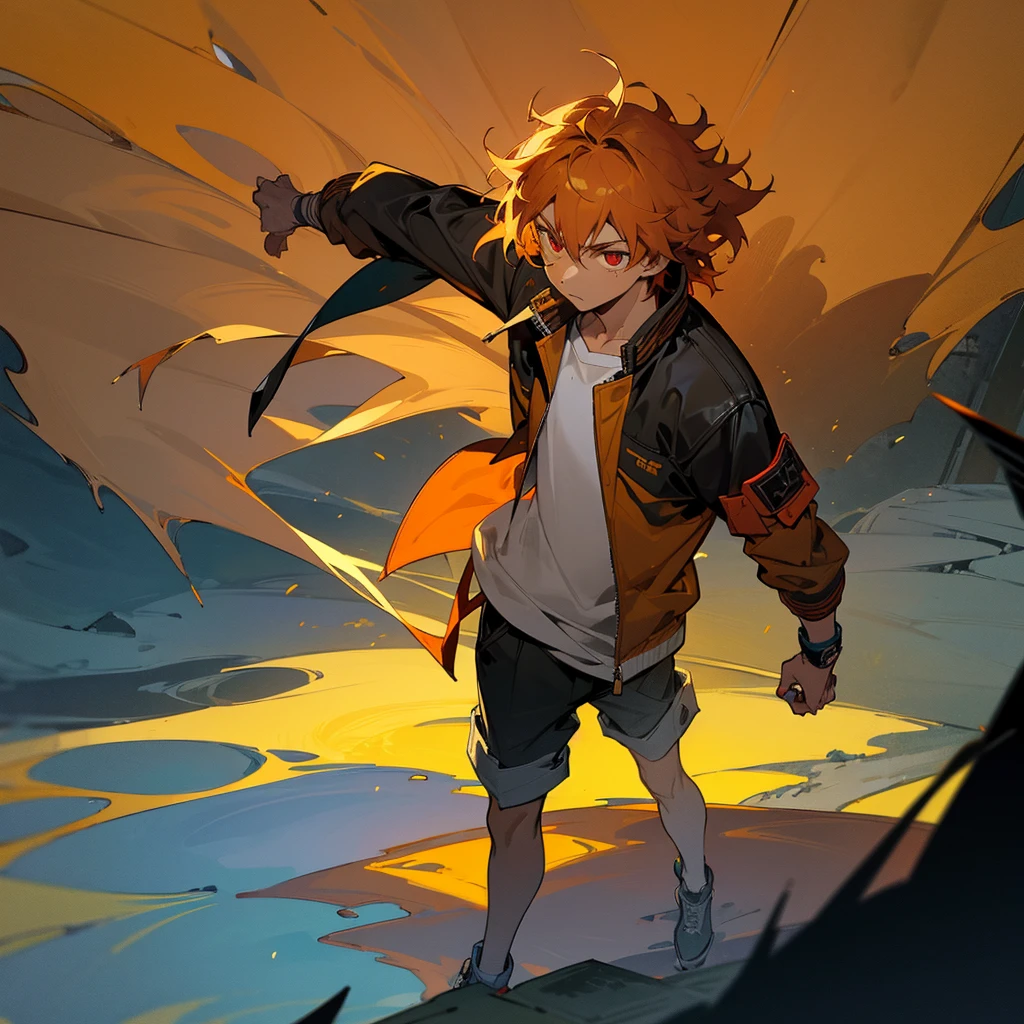 1male, adult, tan skin, finely detailed red eyes, wild medium hair, yellow hair color, casual clothing, jacket, arm band, standing on ruined building, night time, serious expression