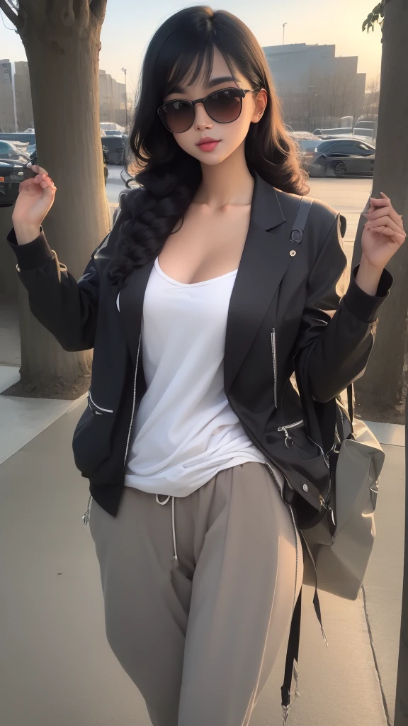 Mexican busty girl, sunset, park trees background, curly hair, sunglasses, autumn