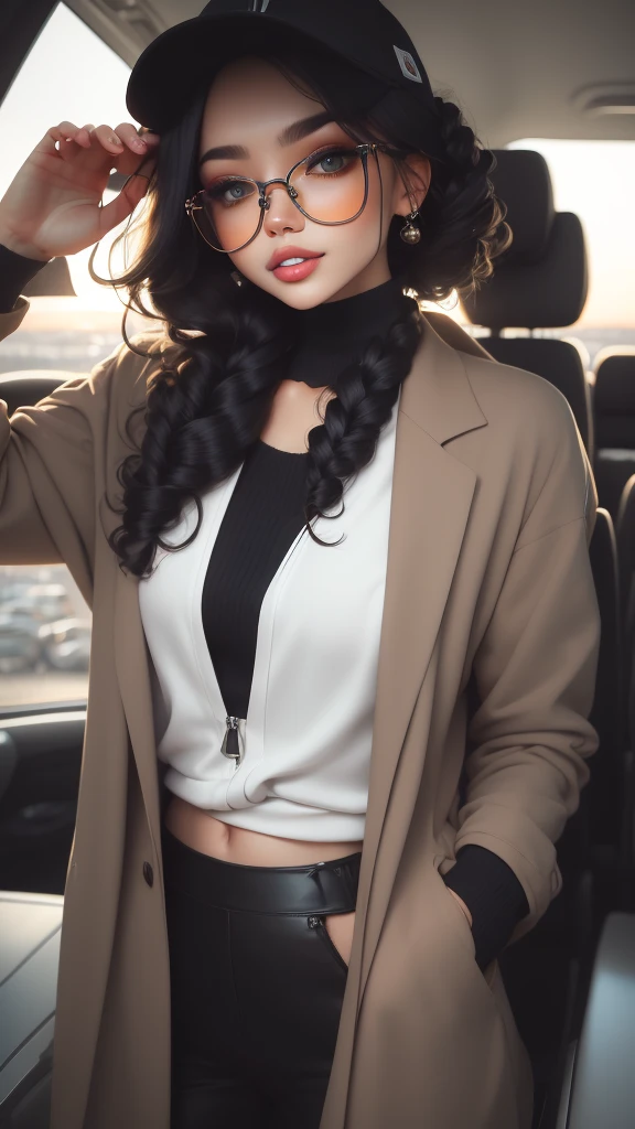 Mexican busty girl, sunset, park trees background, curly hair, sunglasses, autumn