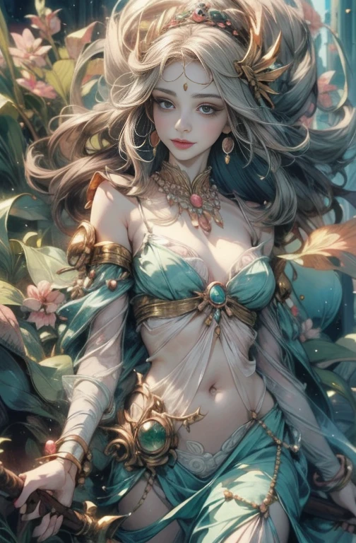Intellectual and adorable face with droopy eyes,Gaze forward,Gentle smile, Small mouth,Her lips are pale pink and plump., The right hand has five fingers and holds a magnificent and beautifully decorated magic wand.,On her forehead she wears a circlet of pearls and emeralds.,Her right hand is beautifully aligned and clutches a walking stick.