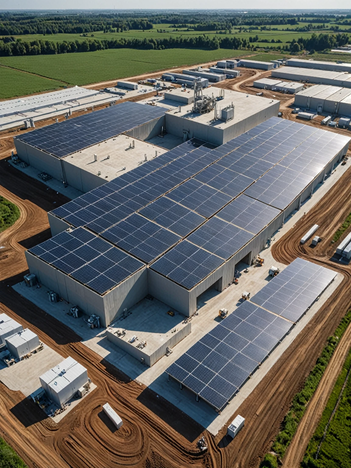 concrete production plant,solar panels,sustainability,cinematic angle,detailed,commercial look,arri