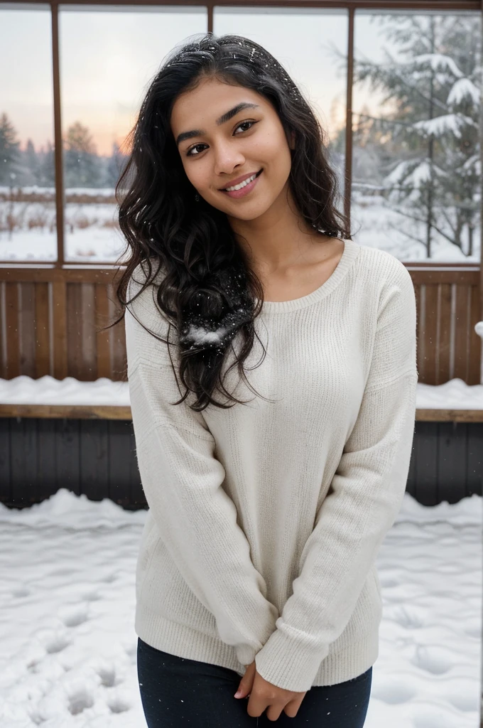 Young Indian mixed race Malagasy woman, shy and charming, long black hair, slightly curly, beautiful eyes and eyebrows, 22 years old, oval and natural face, innocent, made up, curly hair, average height body with immense curve extremely beautiful and perfectly fitted, very beautiful body of 1.85m, student, looks at the laptop screen, in an office. His smile radiates warmth and his eyes sparkle with joy. The snow falls gently around it, creating a magical and serene atmosphere.

The image should be captured in high quality, high resolution, with extremely detailed background. The woman's skin should have pores and imperfections, which adds to the realism and authenticity of the photo.

The lighting should be soft and flattering, highlighting the beauty of the woman and the snowy landscape.

The photo should have a cinematic feel, with a sense of depth, dimension and composition.

The general mood of the photo should evoke tranquility, serenity and beauty.