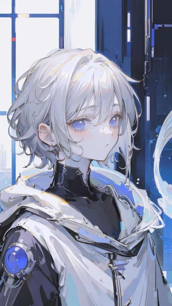 masterpiece, portrait, cyberpunk style Japanese clothes, androgynous, girl, gray hair, bobbed hair, natural short, light colored watery eyes, short stature, young appearance, pure white skin, light pigment, ghost, highest quality