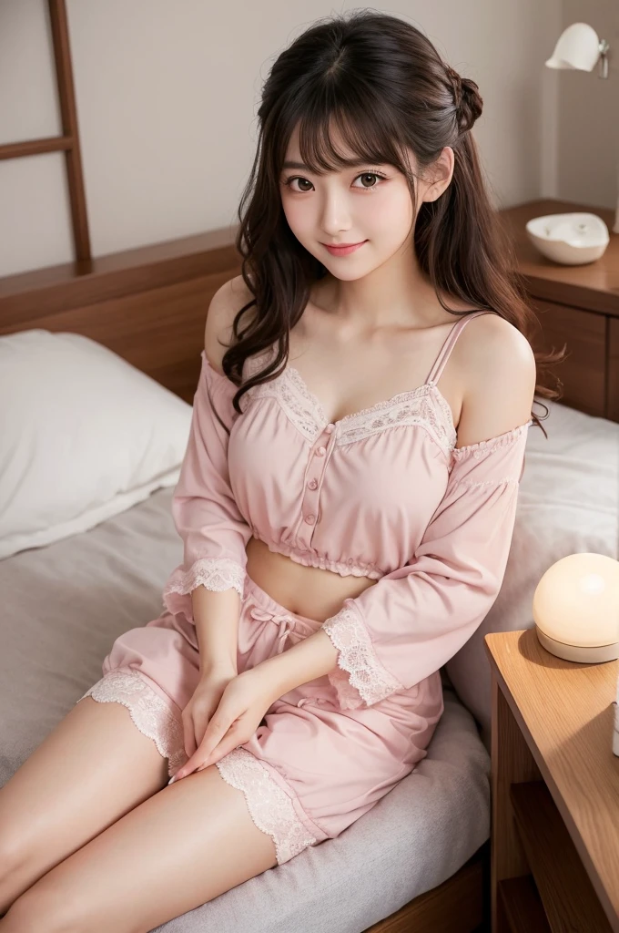 A young Japanese idol-style woman with a small, round face and youthful features. She has natural makeup with a hint of blush and glossy pink lipstick, wearing a relaxed and gentle expression. Her hair is black, semi-long straight, and styled with soft curls. She has a short and voluptuous build with fair skin, a slim stomach, and a curvaceous figure. She is wearing a cozy, silky pajama set: a pastel pink camisole top with lace trim and matching shorts. She is sitting comfortably on a bed with soft, fluffy pillows and a warm blanket, one hand resting on her lap and the other holding a book, her eyes looking directly at the viewer with a serene smile. The background features a softly lit bedroom with a bedside lamp, a nightstand with a cup of tea, and a calming atmosphere. The camera angle is from a slightly higher perspective, capturing her full body and the cozy, intimate setting. The image should be high quality, realistic, and detailed.