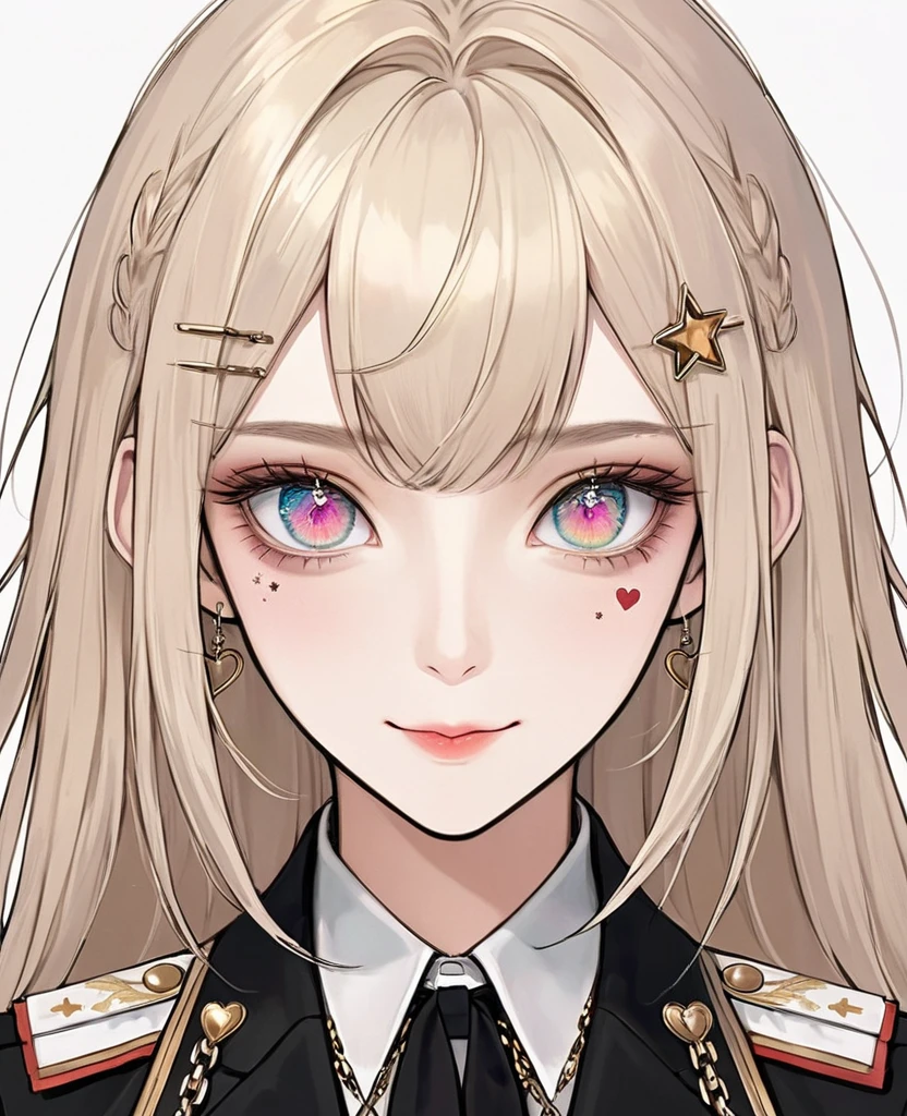 (Digital Illustration,Detailed anime style girl portrait,Solitary,symmetry),(Colorful big eyes love heart,Fashionable and exquisite facial features,Exquisite makeup,Sweet smile,Star symbol mark on cheek,Soulful gaze,),(Straight long hair,Beautiful hairstyle,Hairpin),(White high collar lace shirt,Black suit,Epaulettes-Chain,cool,),An elliptical border,Clean and simple white background,(((Correct human anatomy)))