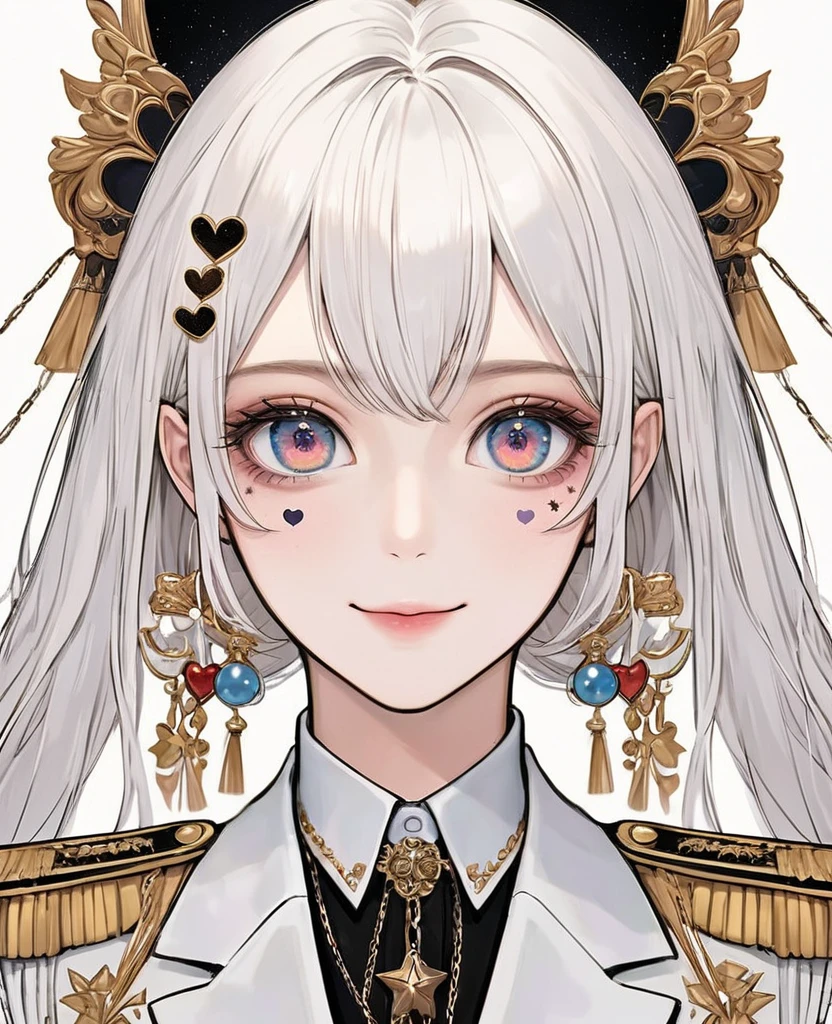 (Digital Illustration,Detailed anime style girl portrait,Solitary,symmetry),(Colorful big eyes love heart,Fashionable and exquisite facial features,Exquisite makeup,Sweet smile,Star symbol mark on cheek,Soulful gaze,),(Straight long hair,Beautiful hairstyle,Hairpin),(White high collar lace shirt,Black suit,Epaulettes-Chain,cool,),An elliptical border,Clean and simple white background,(((Correct human anatomy)))