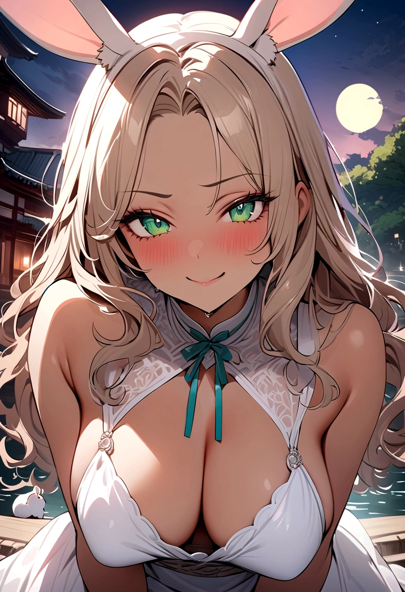 ((masterpiece)), ((best quality)), (ultra-detailed), ((extremely detailed)), 4K, (8K), best quality, (beautiful), A pretty woman with a dark skin, solo, (dark skin:0.8) ,beautiful light brown hair, light brown skin, beautiful green eyes, ((beautiful eyes)), triumphant look, smug look, self-satisfied look ,Masterpiece、White dress、Highest quality、brown Bunny ears、Tanned woman with big 、light brown hair color, forehead Long curlyWavy Hair、White shirt、Black Bra、Black panties、Hot spring inn、a bright moon shines over beautiful scenery of garden and river in night time, moon, architecture, tree, east asian architecture, full moon, scenery, night, cloud, sky、Lots of rabbits 、Big !