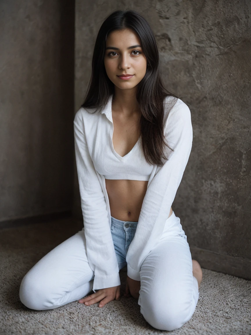 Create an image of a 24-year-old Latino woman in a kneeling position. She should have medium length, dark hair., portant des vêtements décontractés appropriés pour un environnement relaxant. The frame should be interior, in a well-lit room, confortable avec des couleurs neutres et des meubles confortables. His expression should be neutral or slightly smiling, and the general atmosphere should be warm and welcoming.